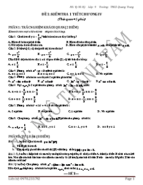 Toán 9 - Đề 1 Kiểm tra 1 tiết chương IV